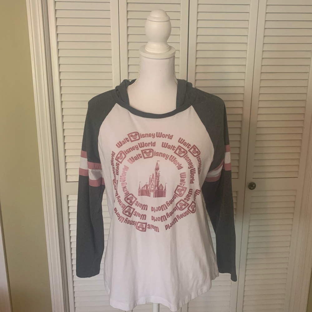 Walt Disney World Long Sleeve Shirt - Gray, White, and Pink Hooded Size L